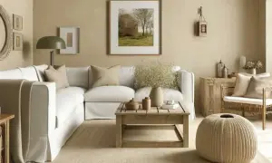 Un salon cosy avec une déco salon beige et bois. Un canapé blanc, une table basse en bois brut, un pouf rond et des cadres muraux créent une ambiance chaleureuse.