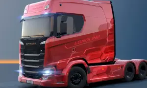 Camion rouge Scania S770 Longline, une cabine camion luxe aux lignes futuristes et aux détails hexagonaux.