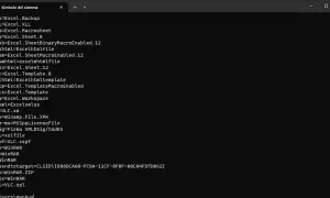 Lista de extensiones de archivo y sus programas asociados, como Excel y WinRAR, en una ventana de comandos.