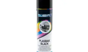 Czarna farba w sprayu Concept Plasbak Black. Idealna jako trwała farba do plastiku na zewnątrz, odnawia elementy samochodowe.