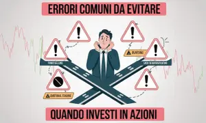 Evita errori comuni quando investi in azioni: panico, trading emotivo, mancanza di diversificazione. Un uomo preoccupato è circondato da segnali di pericolo.