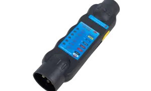 Testeur de prise remorque 7 broches, utile pour diagnostiquer un problème de connexion. Indique les fonctions des feux.