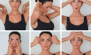 Donna esegue esercizi di yoga facciale, mostrando diverse espressioni e movimenti per tonificare il viso.
