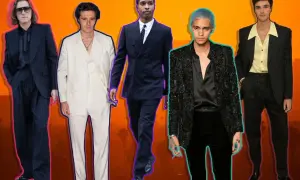 Fünf Männer in schicken Anzügen, die den **cocktail casual** Look perfektionieren. Von elegant bis gewagt, sie zeigen Stil.