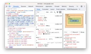 Narzędzia deweloperskie Chrome pokazują kod HTML i CSS strony, pomagając w debugowaniu.