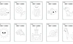 Actividades de grafomotricidad divertida: traza y colorea una tortuga, flor, medusa, pez, perro, sol, pizza, castillo, caracol y jirafa.