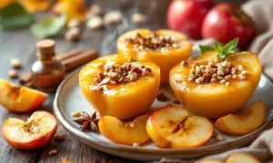Délicieuse pomme au four, garnie de noix et nappée de sirop, avec des épices et des fruits frais.
