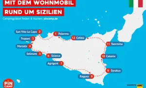 Reise mit dem Wohnmobil rund um Sizilien: Karte mit Highlights wie Palermo, Taormina und Syrakus. Campingplätze finden auf pincamp.de.
