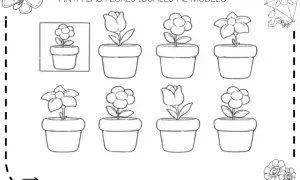 Fichas primavera: dibuja las flores iguales al modelo. Mariposa, cometa y flores en macetas para colorear.