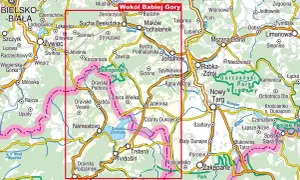 Mapa turystyczna z zaznaczonym obszarem wokół Babiej Góry, obejmującym Beskid Żywiecki, Orawę i Tatry.