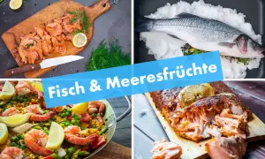 Vier köstliche Fischgerichte: Lachs auf Holzbrett, ganzer Fisch in Salz, Paella mit Garnelen und gebratenes Lachsfilet.