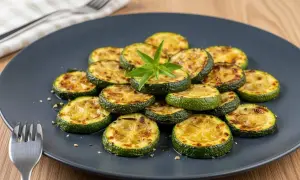 Tranches de courgettes grillées, garnies d'une feuille verte, prêtes à être dégustées. Une délicieuse recette de courgette au four.