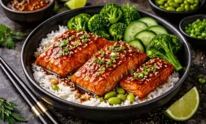 En skål med ris, tre glaserade laxfiléer, broccoli, gurka och edamamebönor. Ett perfekt recept med lax för en hälsosam måltid.