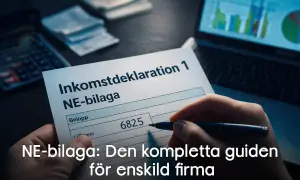 Hand fyller i NE-bilaga för enskild firma deklaration. Kalkylator och diagram syns i bakgrunden.