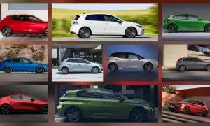 Kompilacja różnych modeli hatchback: czerwony, biały, zielony, niebieski, srebrny i szary.