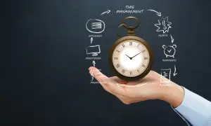 Diagramma di flusso per la gestione del tempo in azienda: priorità, monitoraggio, efficienza, promemoria e pianificazione, con un orologio da tasca al centro.