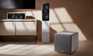 Różne rodzaje kolumn: kompaktowa, podłogowa i subwoofer, tworzą stylowy zestaw audio w nowoczesnym wnętrzu.