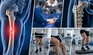 Fracture du fémur, chirurgie, plaque vissée, rééducation avec déambulateur, puis exercices pour retrouver la mobilité. Conséquence d'un fémur cassé.