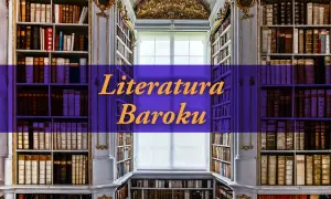 Elegancka biblioteka z regałami pełnymi starych ksiąg, z napisem "Literatura Baroku".