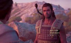 Alexios w zbroi, z łukiem na plecach, rozmawia z kimś w grze Assassin's Creed Odyssey - poradnik.