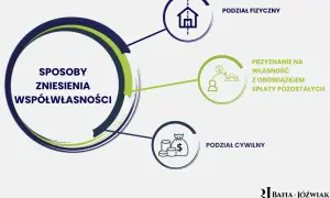 Schemat sposobów zniesienia współwłasności: podział fizyczny, przyznanie na własność z obowiązkiem spłaty, podział cywilny. Quoad usum.