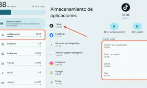Interfaz de gestión de almacenamiento de Android, mostrando "Aplicaciones" con 23 GB. Se resalta TikTok, un liberador de espacio de memoria interna.