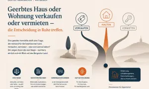 Grafik zeigt drei Wege: Verkaufen (mit €-Symbol), Halten (Haus-Symbol) und Vermieten (Schlüssel-Symbol). Erbschaftssteuer nachzahlung bei verkauf wird hier thematisiert.