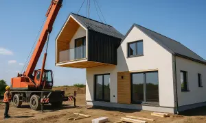 Budowa nowoczesnych domów z poddaszem użytkowym tanich w budowie. Dźwig montuje moduł z balkonem.