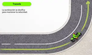 Motociclista verde toma una curva en carretera, siguiendo una línea verde que indica la trazada ideal.