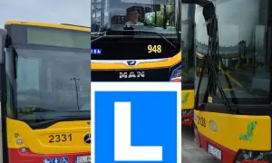 Trzy autobusy, jeden z nich z literą "L" na niebieskim tle. Może to symbol nauki jazdy autobusem w Koninie lub Łodzi.