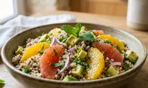 Salade quinoa colorée avec pamplemousse, orange, avocat et menthe fraîche. Un plat léger et savoureux.