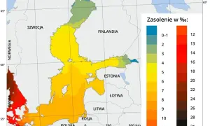 Mapa zasolenia Bałtyku. Najwięcej jodu jest w wodach Danii i Niemiec, gdzie zasolenie jest najwyższe (czerwone i brązowe barwy).