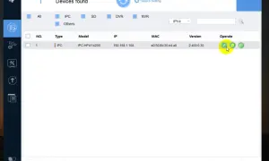 Konfiguracja dahua kamera wifi. Widok programu do zarządzania urządzeniami IP, lista znalezionych kamer z opcją edycji.