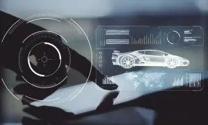 Interfaz futurista con un coche en 3D y gráficos, mostrando el desarrollo de sistemas de seguridad coche.