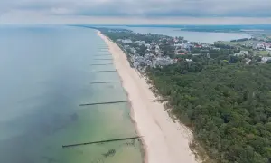 Mielno atrakcje: szeroka plaża, las sosnowy i zabudowania kurortu nad Bałtykiem. Widok z lotu ptaka na wybrzeże.