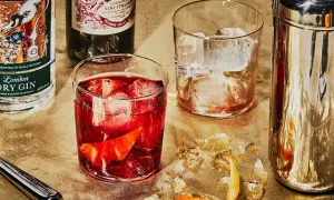Zutaten für einen Negroni: Gin, roter Wermut und Campari. Serviert mit Eis und Orangenzeste.