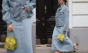Stylowa spódnica jeansowa i kurtka tworzą modny total look. Idealne stylizacje zima dla miłośniczek denim.
