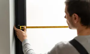 Mężczyzna mierzy taśmą okno, sprawdzając jego maksymalną szerokość jednoskrzydłowego.