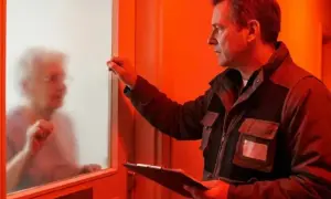 Mężczyzna puka do drzwi starszej pani, trzymając dokumenty. Uważaj na oszustów podszywających się pod pracowników Tauron wymiana licznika.