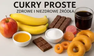 Jabłko, banany, miód, cukier, czekolada, pączki, żelki i napój. Różne źródła cukrów prostych – zdrowe i niezdrowe.