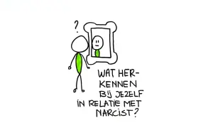 Een stickfiguur kijkt in een spiegel en vraagt zich af: "Wat herken ik bij mezelf in relatie met een narcist?" Is een narcist gelukkig?