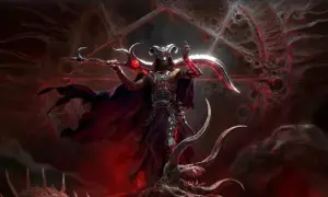 Mroczna postać z rogami i kosą, otoczona demonami i krwistą poświatą. Najnowsze diablo 4 news.