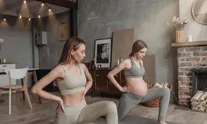 Två kvinnor gör yoga gravid i ett mysigt rum. Den ena kvinnan är gravid och den andra är hennes träningskompis.