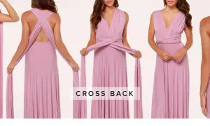 Instrukcja krok po kroku, jak wiązać sukienkę kopertową z efektem "cross back". Pięć ujęć pokazuje różne etapy tworzenia stylizacji.