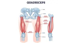 Illustrazione anatomica del quadricipite femorale, mostrando il femore, l'ilio e la rotula, con i muscoli vasto laterale, mediale, intermedio e retto del femore.