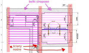 Rysunek techniczny stropu dz 3 z belkami stropowymi, ścianami nośnymi i ścianką działową do wyburzenia.
