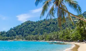 Paradiesische Bucht mit Palmen, türkisfarbenem Wasser und Booten – ideale **Backpacker Reiseziele** für Abenteuerlustige.