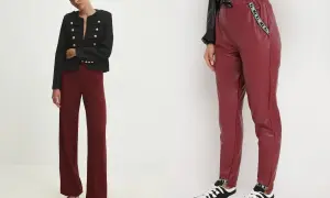 Dwie stylizacje z bordowymi spodniami: eleganckie z marynarką i sportowe z ekoskórki.