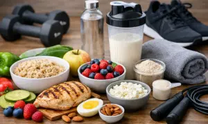 Repas équilibrés pour manger avant ou après le sport le soir : poulet grillé, riz, fruits, fromage blanc, œufs, noix, et shaker protéiné.