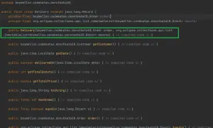 Code Java montrant une classe `Delivery` qui `extends java.lang.Record`, gérant une commande et une liste de donuts.